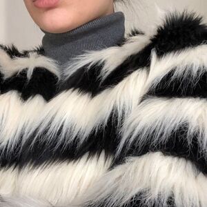 BOHO CHIC Black and White Striped Faux Fur Jacket Size Large